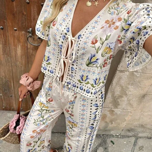 Apricot Boho Women's Casual Vacation Printed Short Sleeve Top & Wide Leg Pants